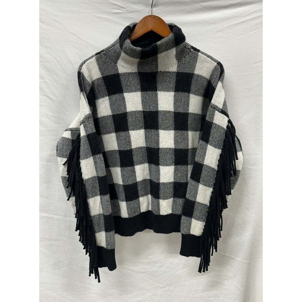 Ralph Lauren Sweater Black Plaid Fringe Sleeve Wool Blend Mock Neck Womens XL
